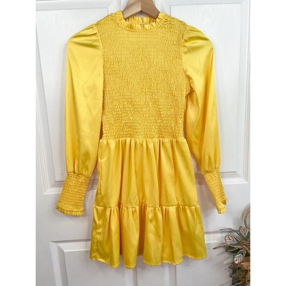 Good Luck Girl Yellow Long Sleeves Smocked Bodice Tiered Skirt Dress Girls Sz M - Picture 2 of 11